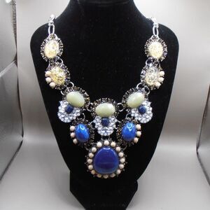 Bold Statement Bib Necklace Resin Stones Crystals Blue Gold Cream – Unmarked